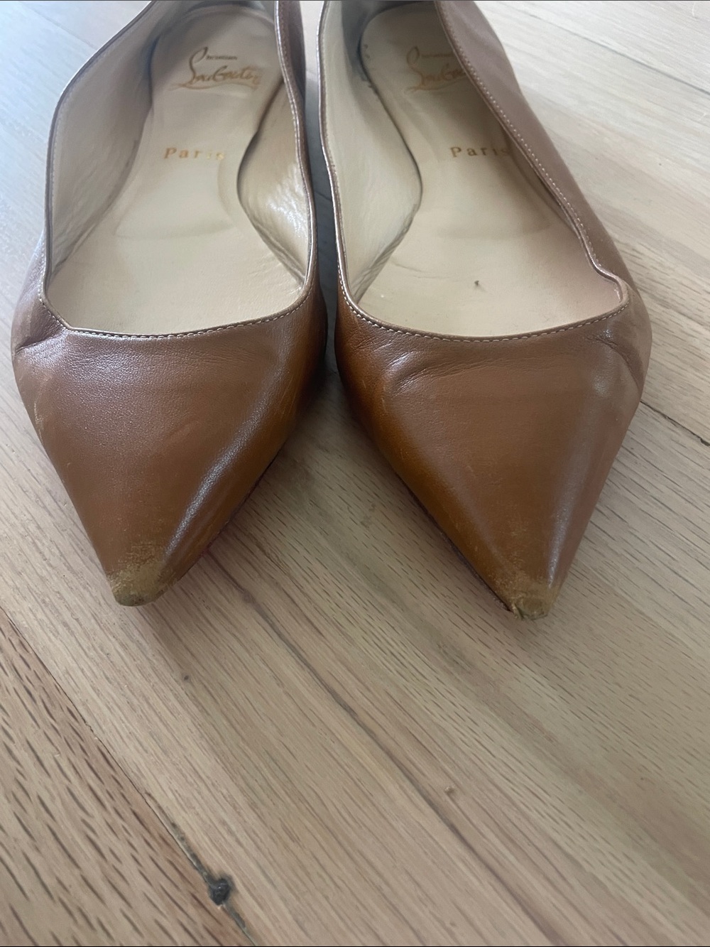 Authentic Christian Louboutin Cognac Pointed-Toe Leather Flats - Picture 7 of 7